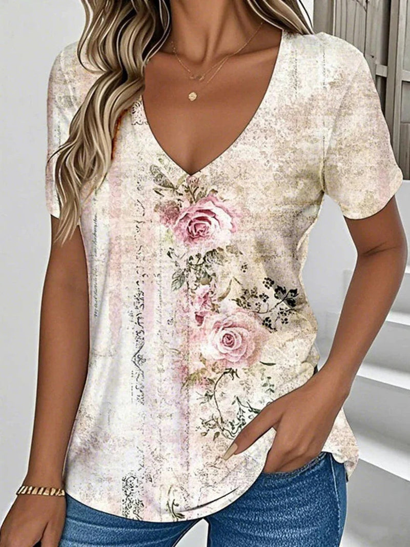 Vintage Floral Print V-Neck Short Sleeve T-Shirt