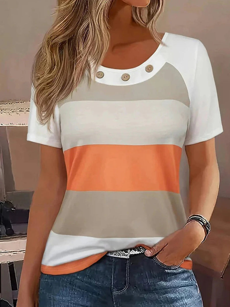 Casual Color Block Round Neck Short Sleeve T-Shirt