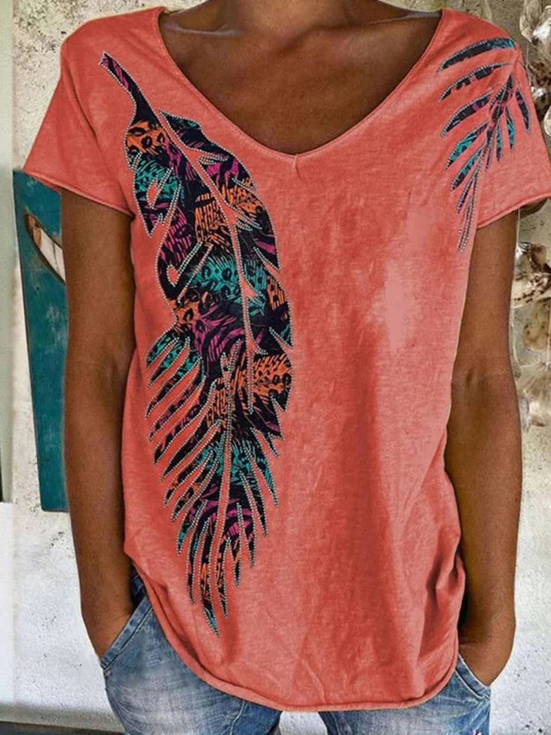 Vintage Leaf Print V-Neck Short Sleeve T-Shirt