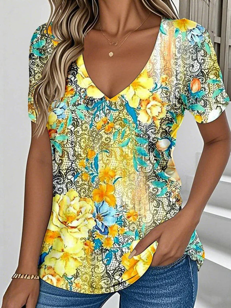 Vintage Floral Print V-Neck Short Sleeve T-Shirt