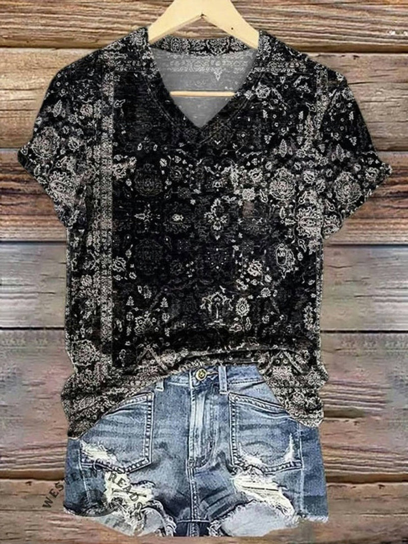 Black Vintage Casual V-Neck Short Sleeve T-Shirt