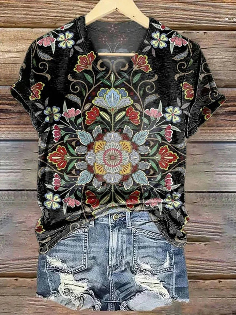 Vintage Floral Print V-Neck Short Sleeve T-Shirt