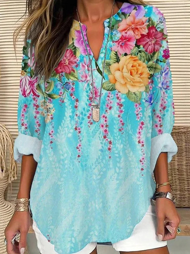 Elegant V-Neck Floral Print Long Sleeve Blouse