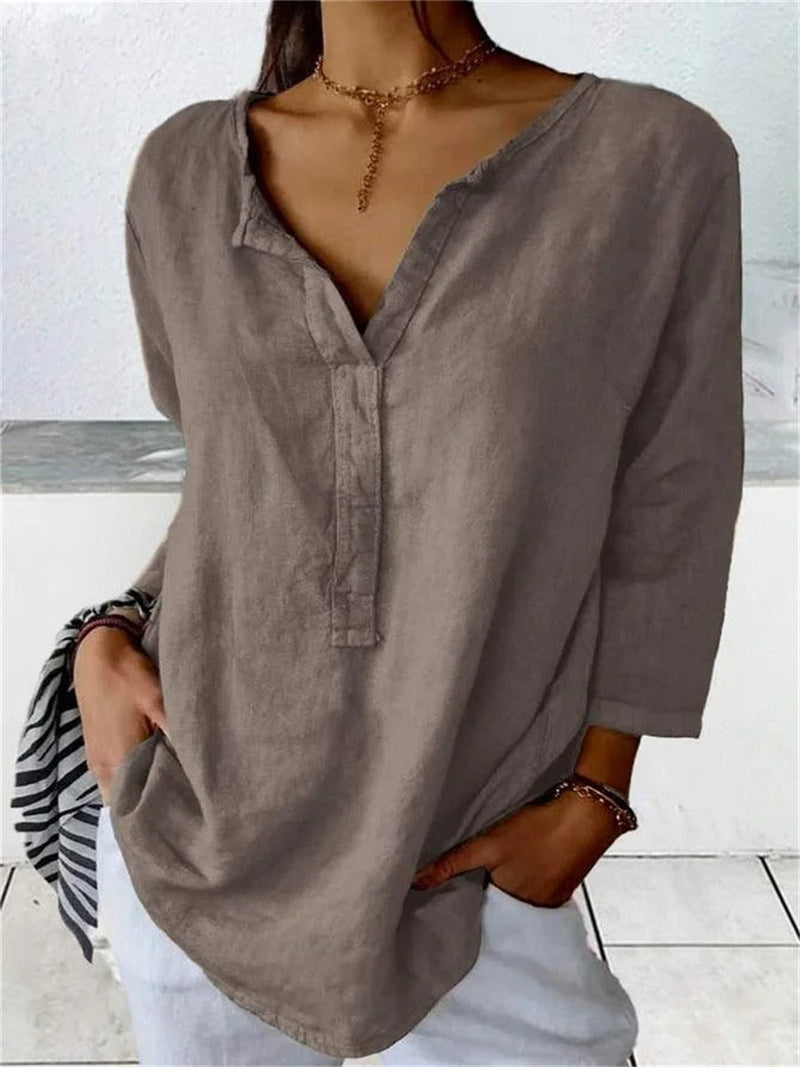 Loose Plain V-Neck 3/4 Sleeve Blouse