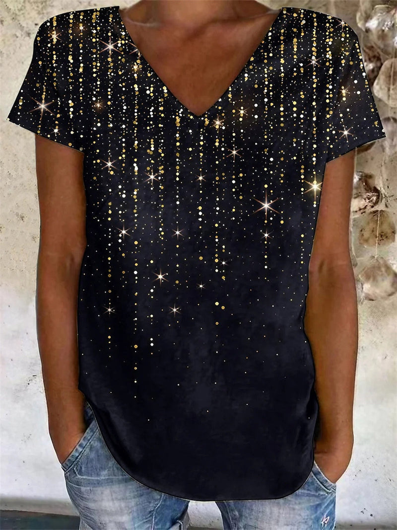 Casual Black V-Neck Short Sleeve Loose T-Shirt