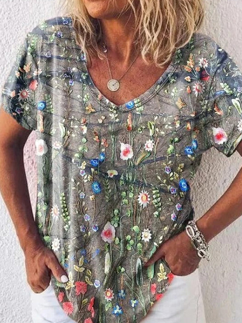 Casual Gray Floral Printed Loose V-Neck T-Shirt