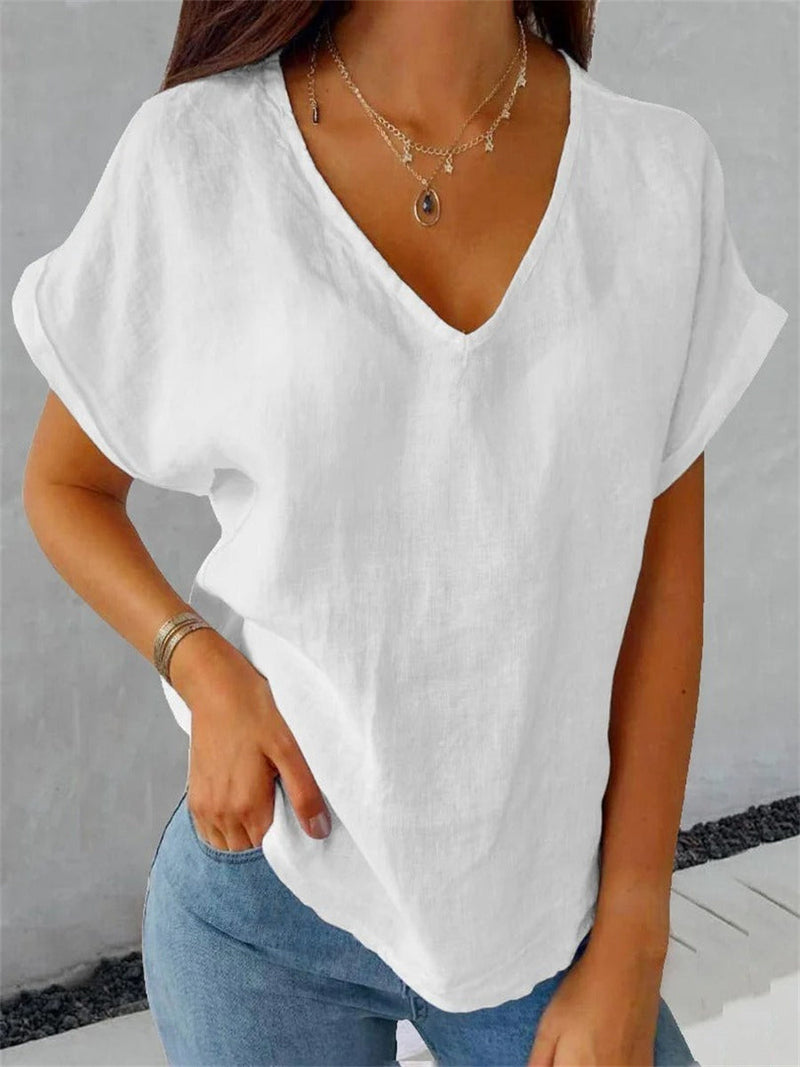 Loose Casual White Plain V-Neck Shirt