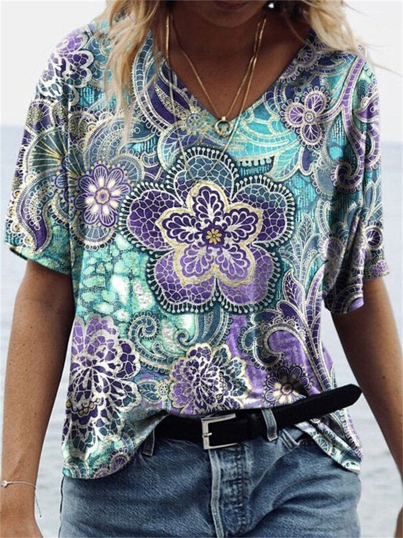 Casual Blue Short Sleeve V-Neck T-Shirt