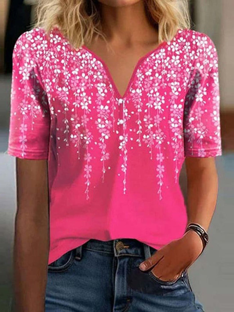 Showy Rose Floral Print V-Neck Blouse