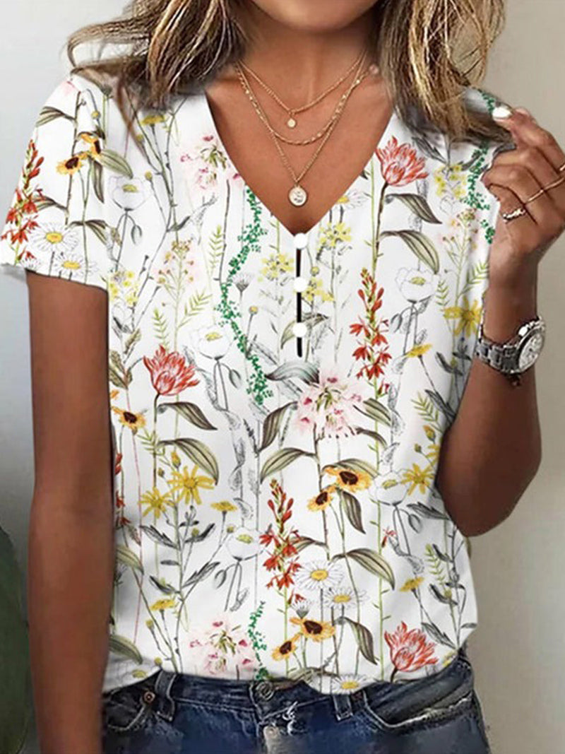 Casual Floral Buttons V-Neck Blouse