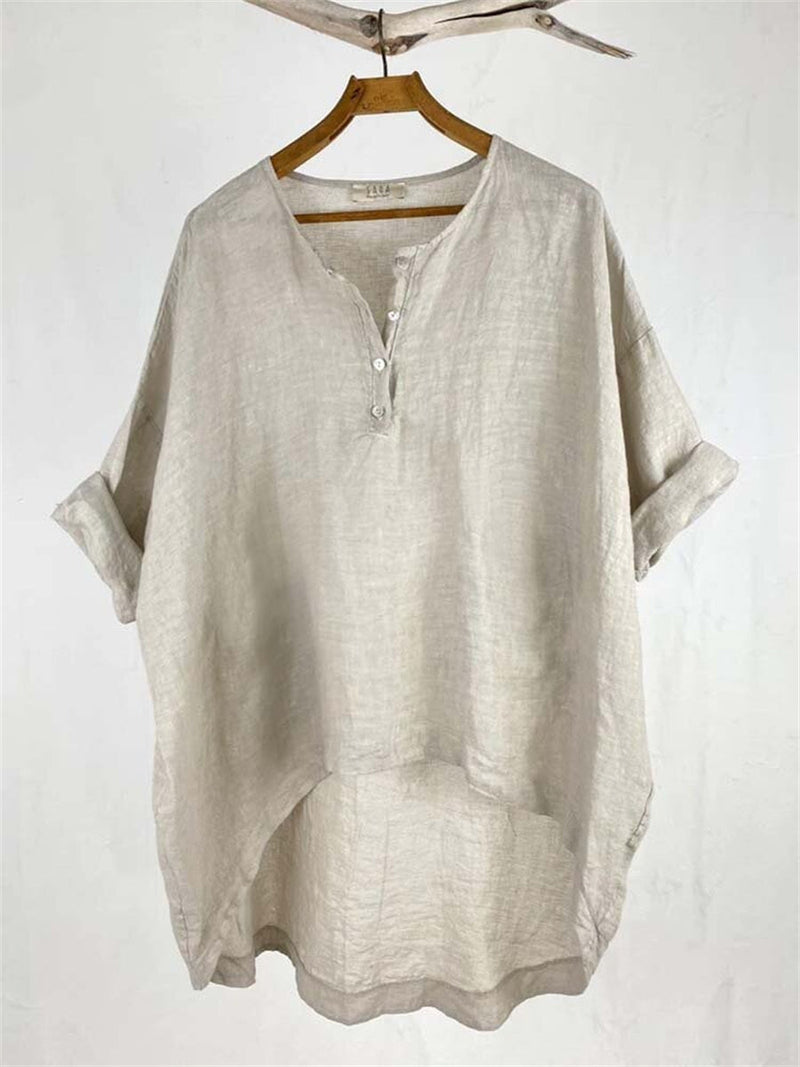 Khaki V-Neck High-Low Hem Long Sleeve Blouse