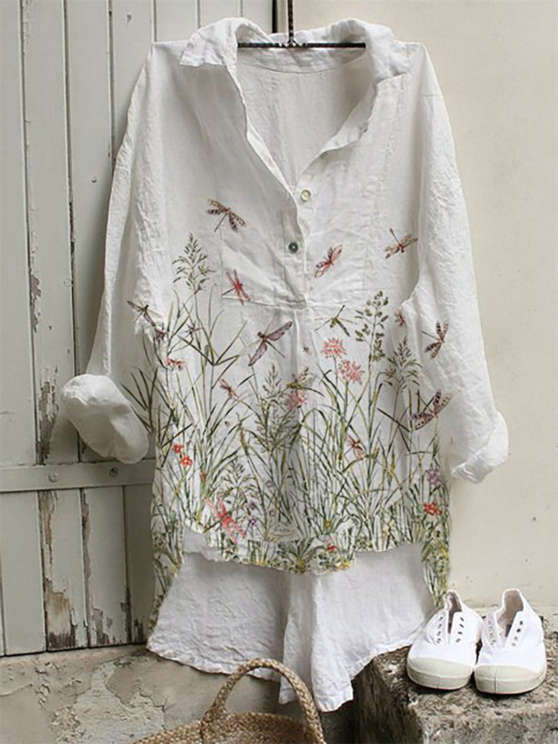 Floral Print V-Neck Plus Size Long Sleeve Blouse