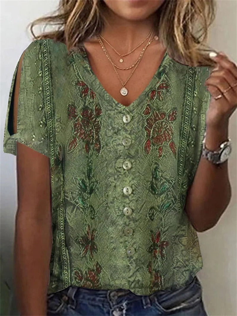 Loose Casual V-Neck Printed Shirt