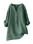 Standing Collar Solid Color Button Up Long Sleeve Top
