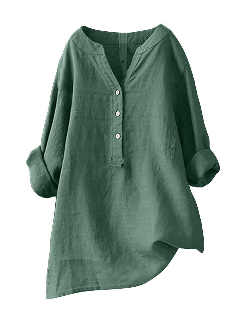Standing Collar Solid Color Button Up Long Sleeve Top