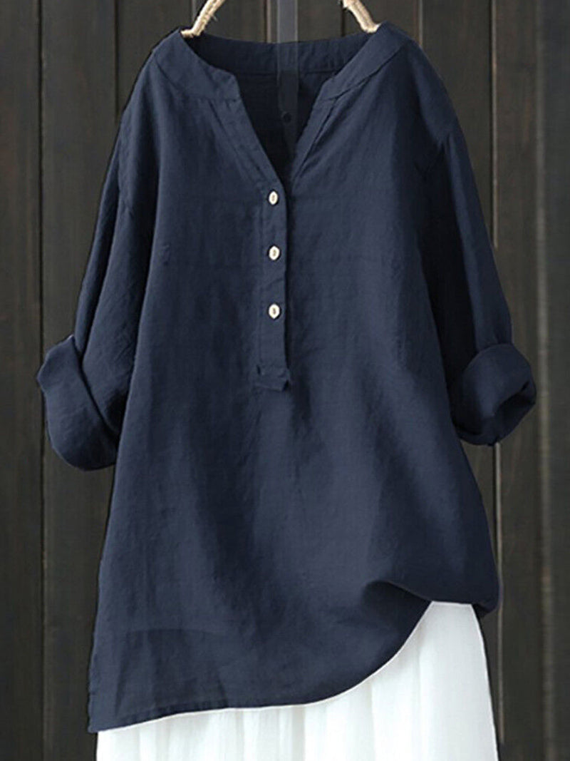 Standing Collar Solid Color Button Up Long Sleeve Top