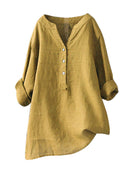 Standing Collar Solid Color Button Up Long Sleeve Top