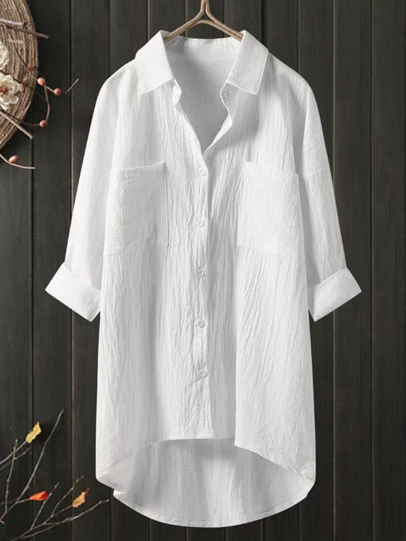 Solid Cotton Linen V-Neck Loose Top