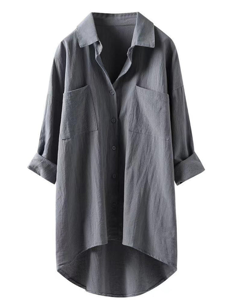 Solid Cotton Linen V-Neck Loose Top