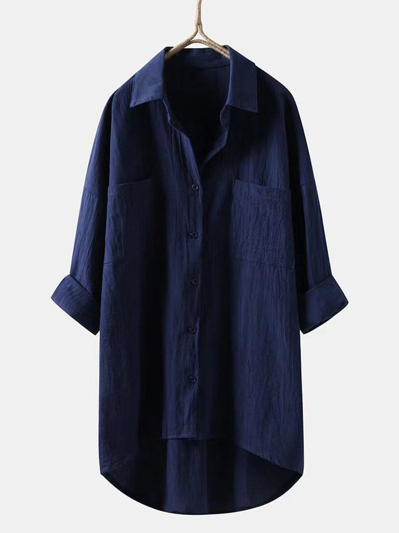 Solid Cotton Linen V-Neck Loose Top