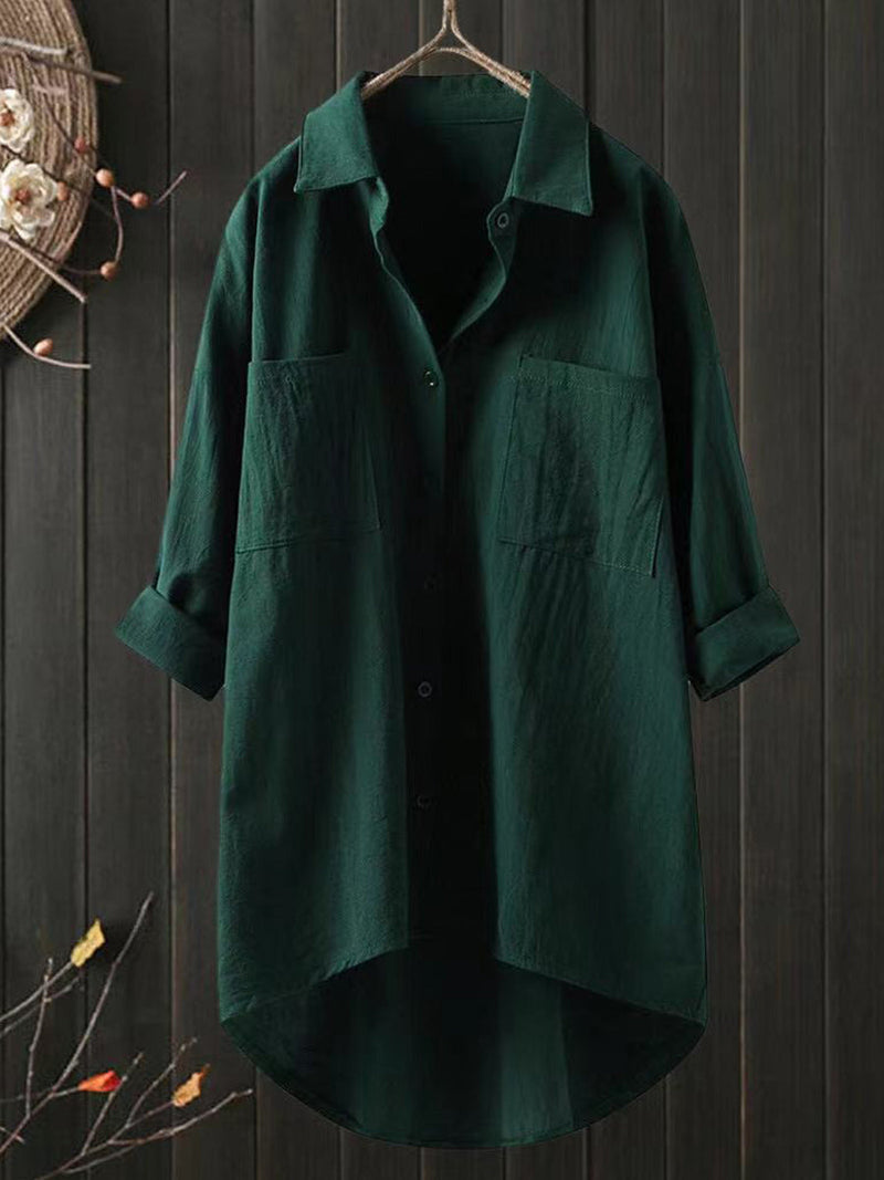 Solid Cotton Linen V-Neck Loose Top