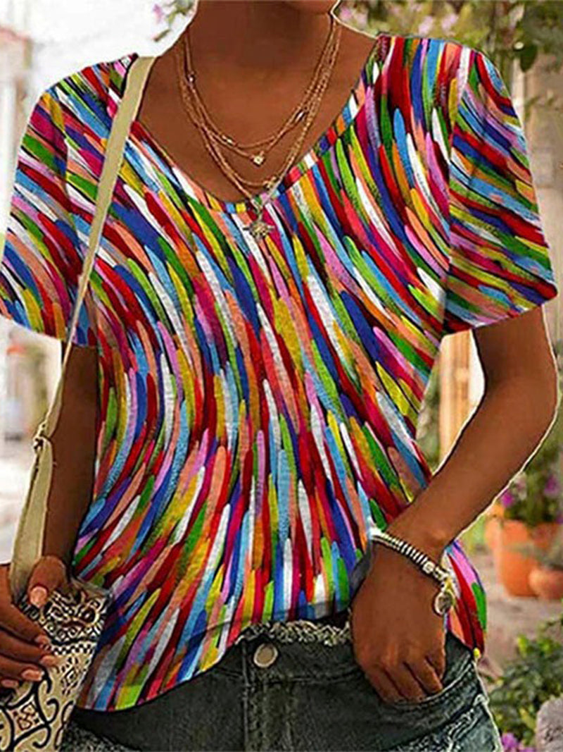 Casual Colorful Line Style V-Neck T-Shirt