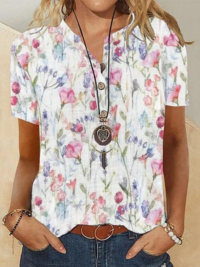 Summer Pink Floral V-Neck Blouse