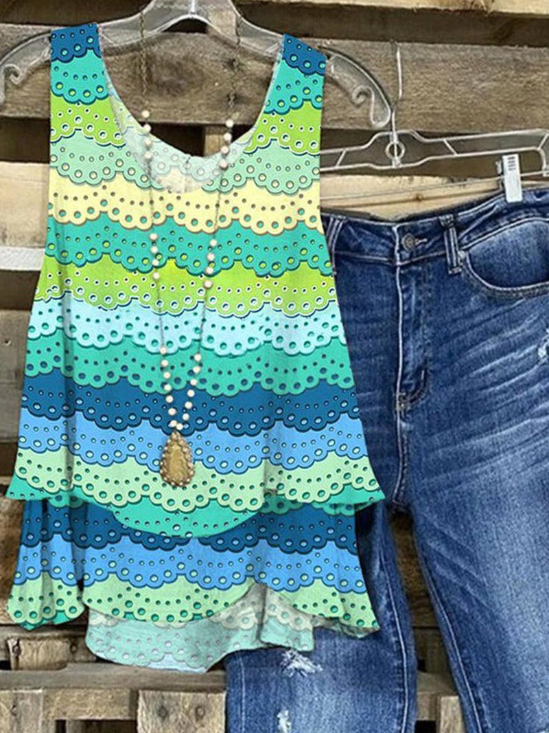 Green Wavy Ruffled V-Neck Sleeveless Tank