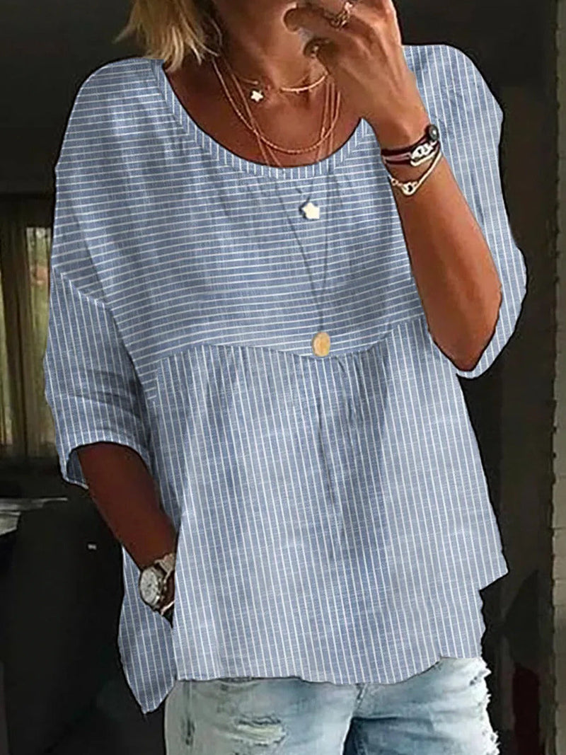 Cotton And Linen Casual Striped Crew Neck Shirt