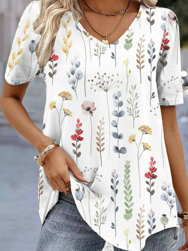 V-Neck Short Sleeve Casual Loose Floral Shirt