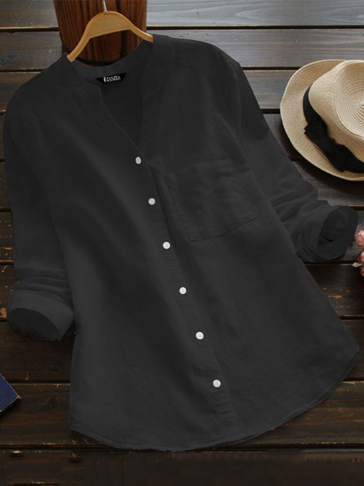 Solid Pocket Long Sleeve Button Stand Collar Blouse