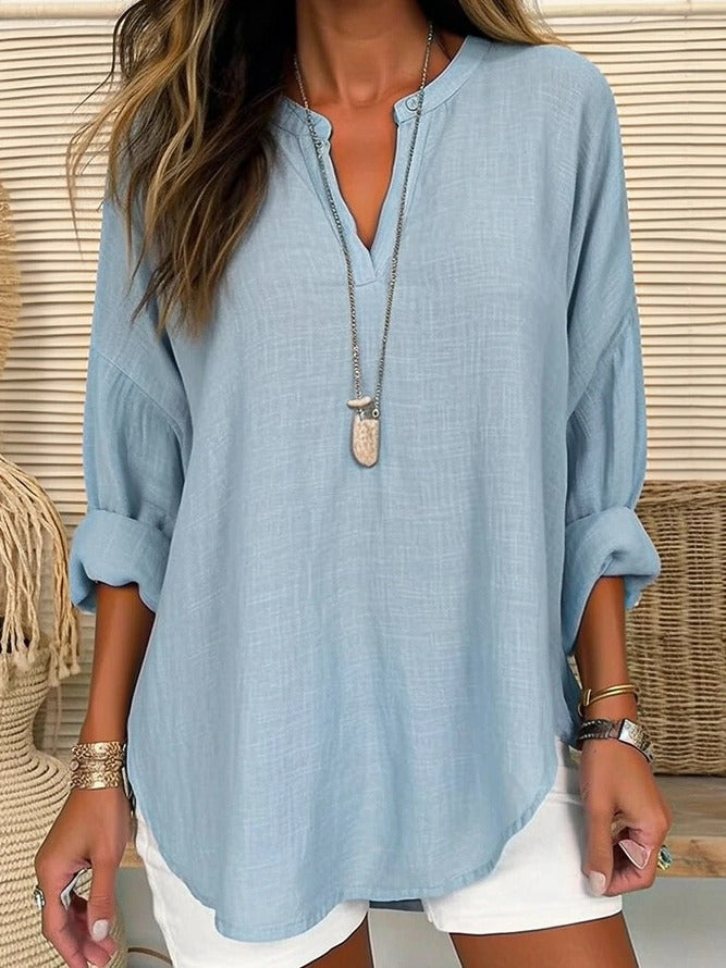 Blue Casual V-Neck Solid Long Sleeve Blouse