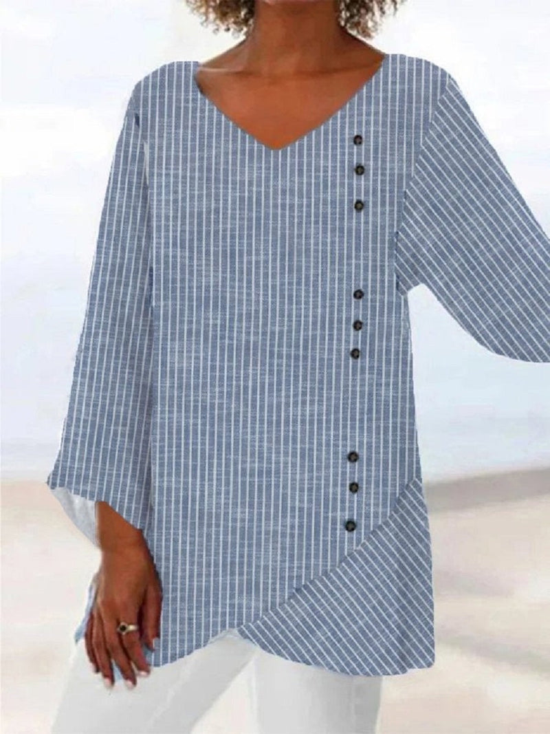 Blue Casual V-Neck Stripe Printed Long Sleeve Blouse