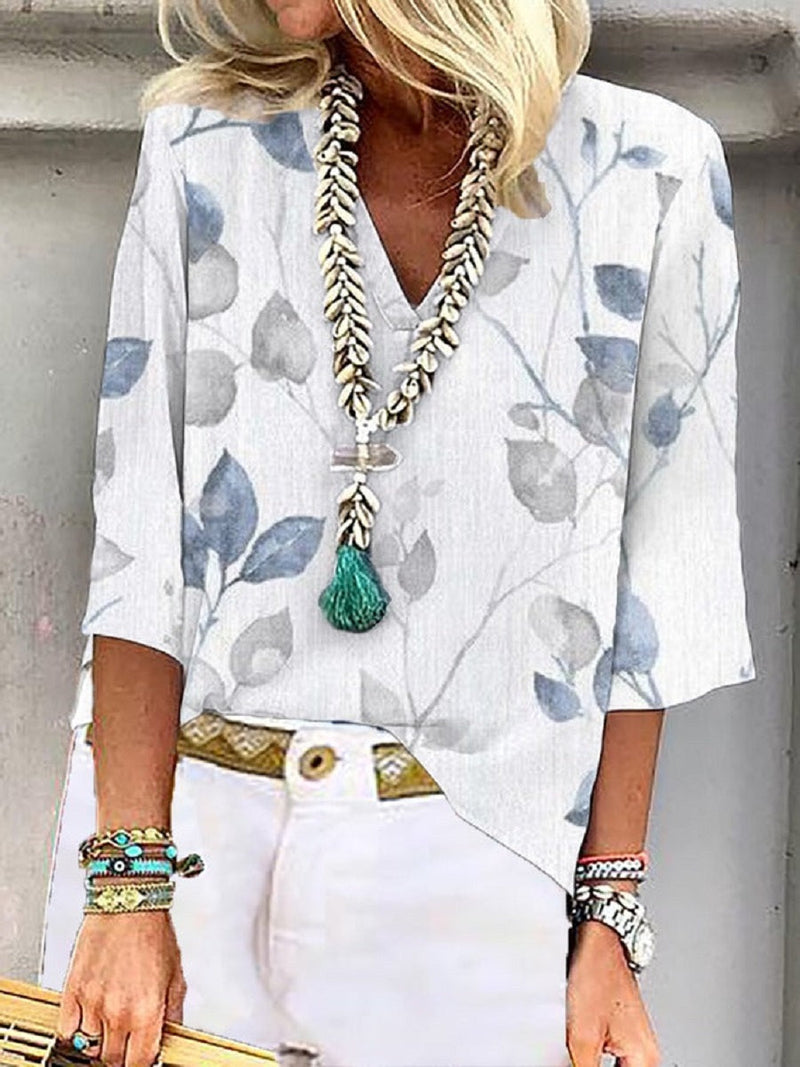 White Casual V-Neck Printed 3/4 Sleeve Blouse