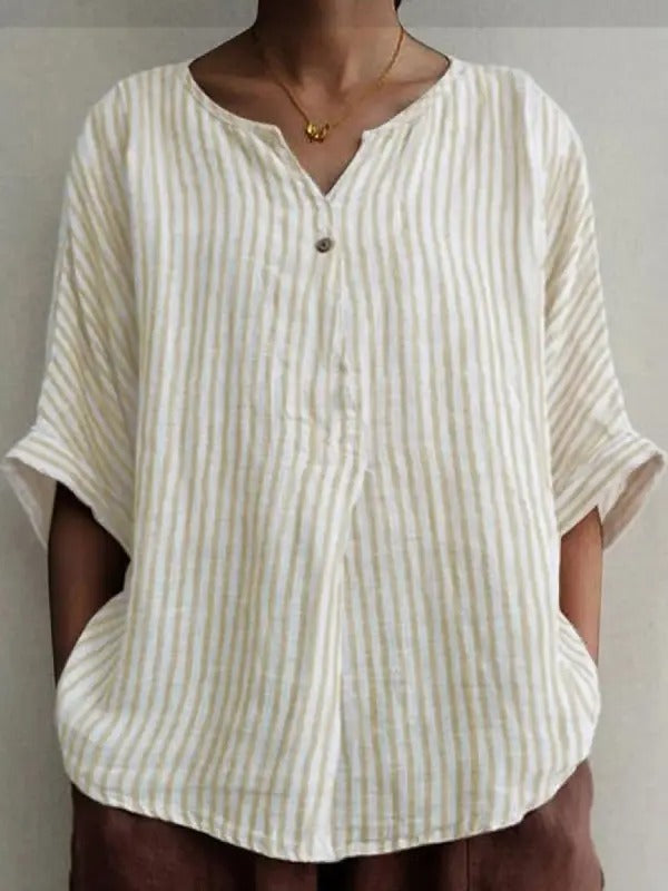 White Apricot Casual V-Neck Stripe Printed Half Sleeve Blouse