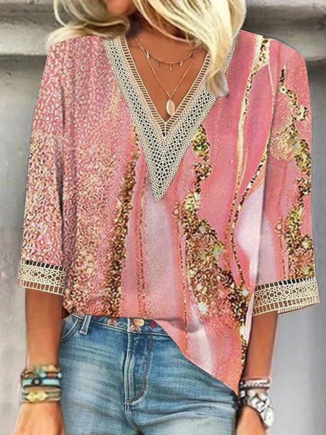 Pink Casual V-Neck Printed 3/4 Sleeve Blouse