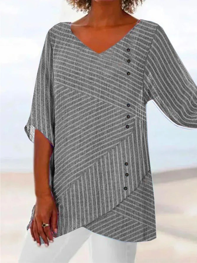 Gray Casual V-Neck Stripe Printed Half Sleeve Blouse