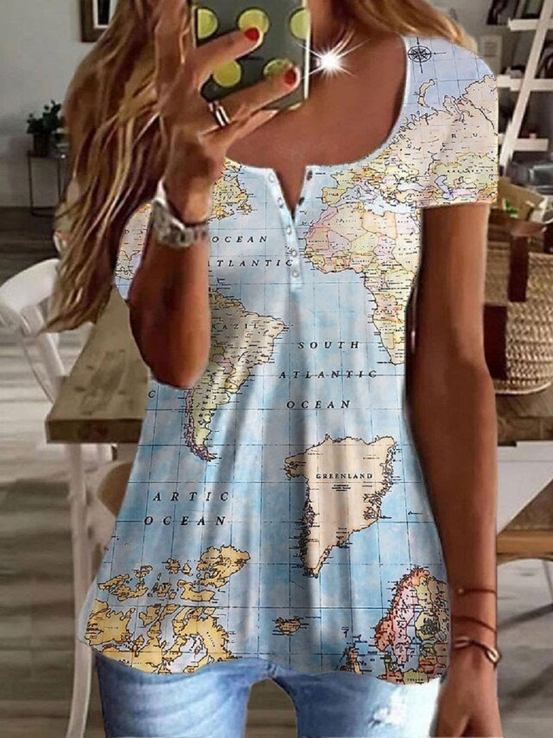 Blue Casual V-Neck Map Printed Short Blouse