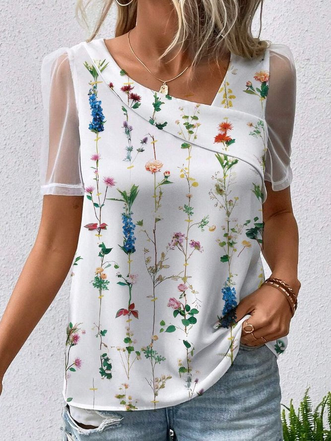 Multicolor  Casual V-Neck Floral Printed Short Sleeve Blouse