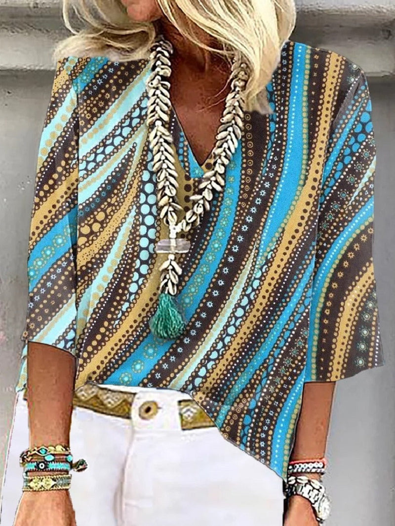 Blue Casual V-Neck Stripe Printed 3/4 Sleeve Blouse