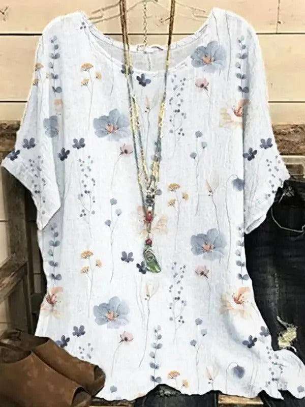 White Casual Round Neck Floral Printed Short Sleeve Blouse