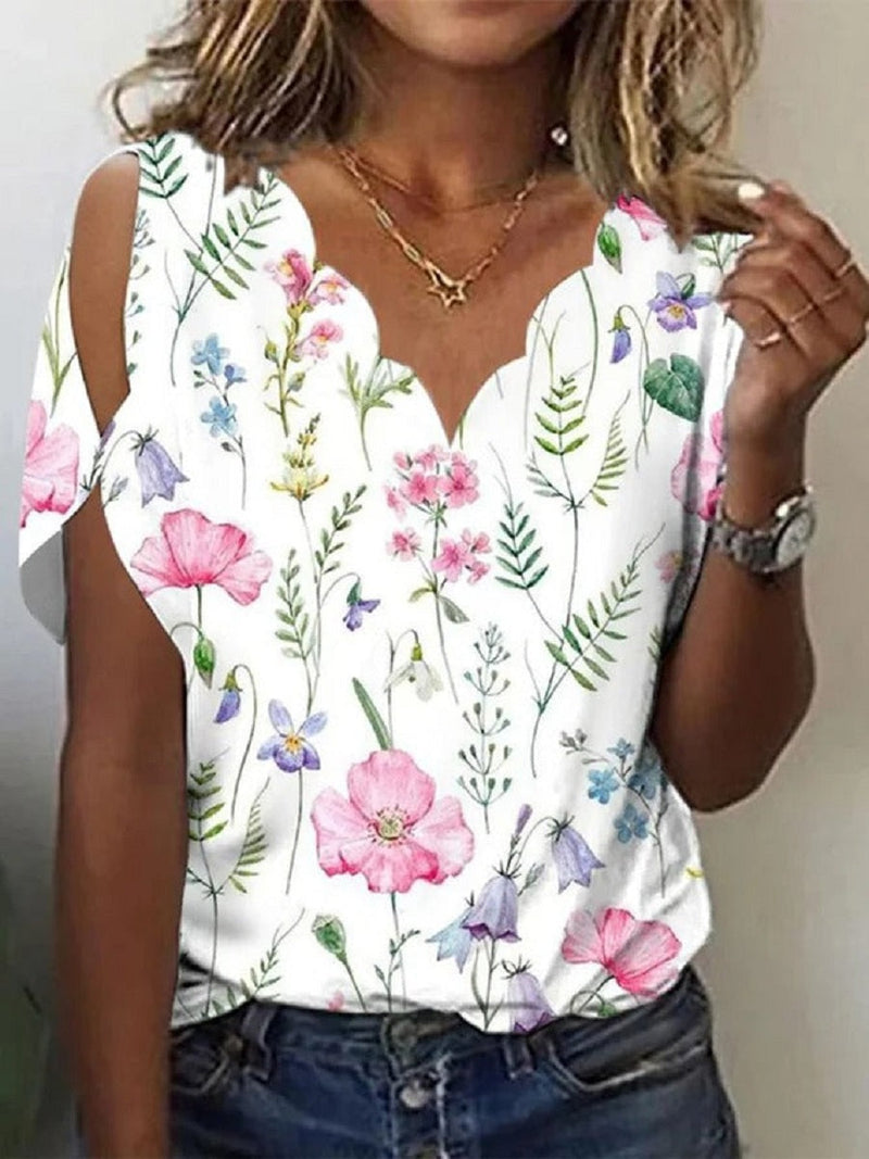 White Casual V-Neck Floral Printed Short Sleeve Blouse