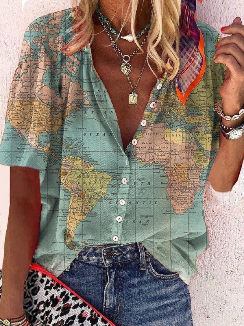Green Casual V-Neck Printed Short Sleeve Blouse