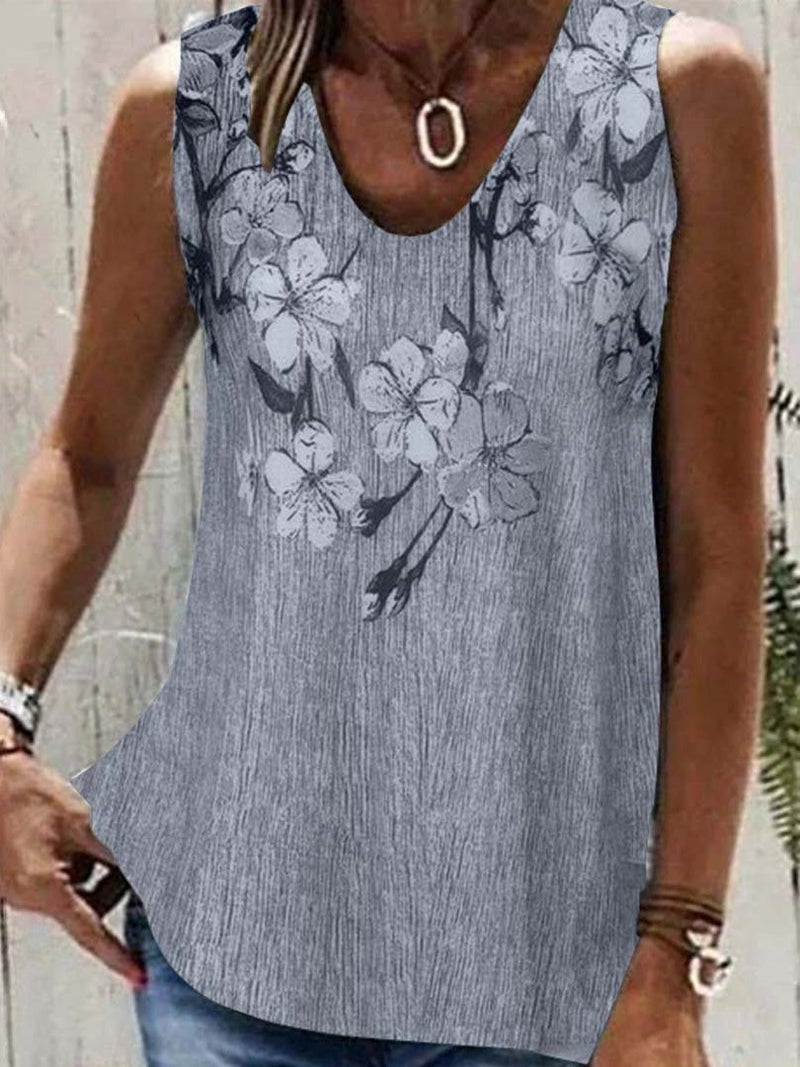Gray Casual V-Neck Floral Printed Sleeveless Tank