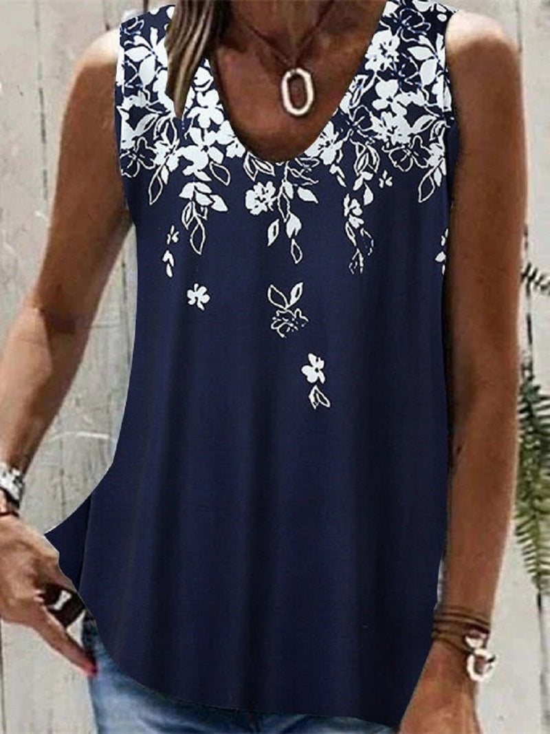 Dark Blue Casual V-Neck Floral Printed Sleeveless Tank