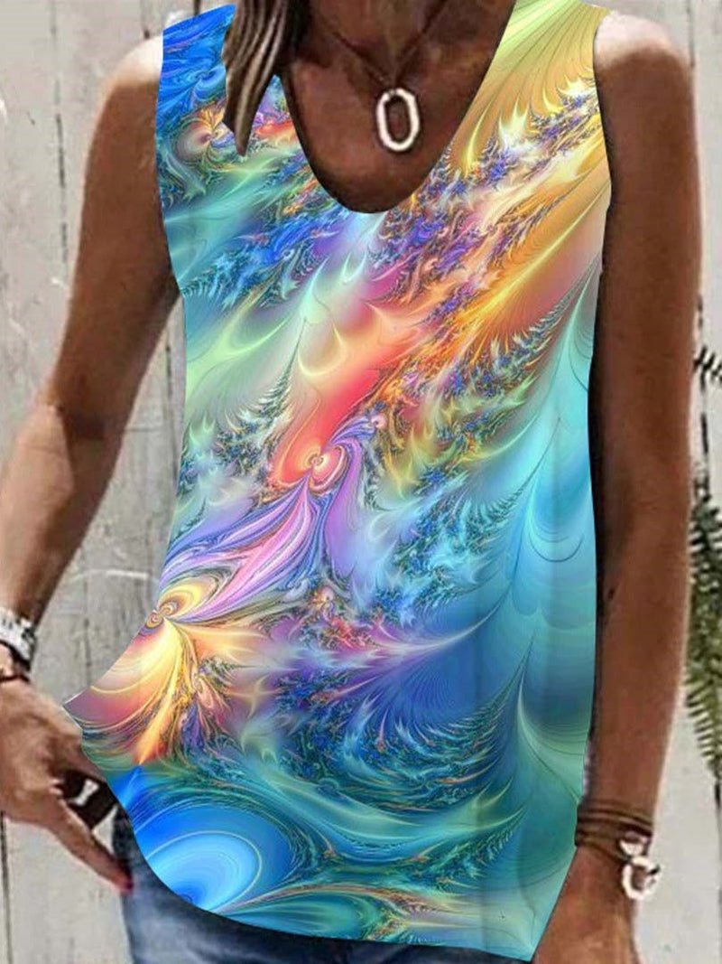 Blue Casual V-Neck Printed Sleeveless Tank