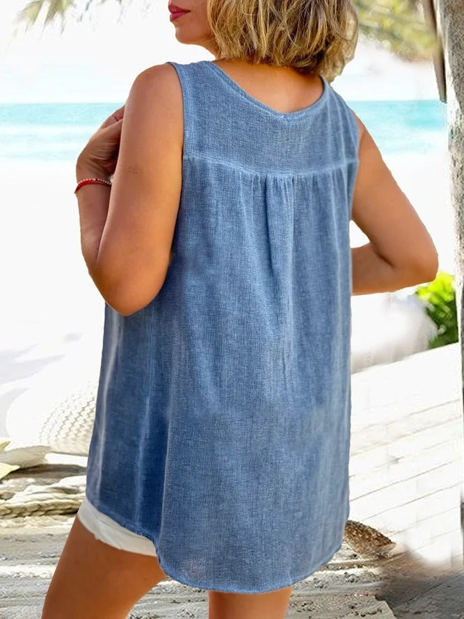Blue Casual V-Neck Solid Sleeveless Tank