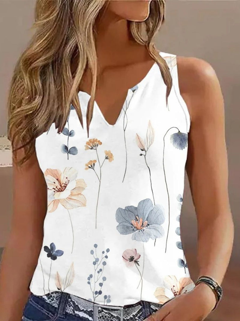White Casual V-Neck Floral Printed Sleeveless Tank