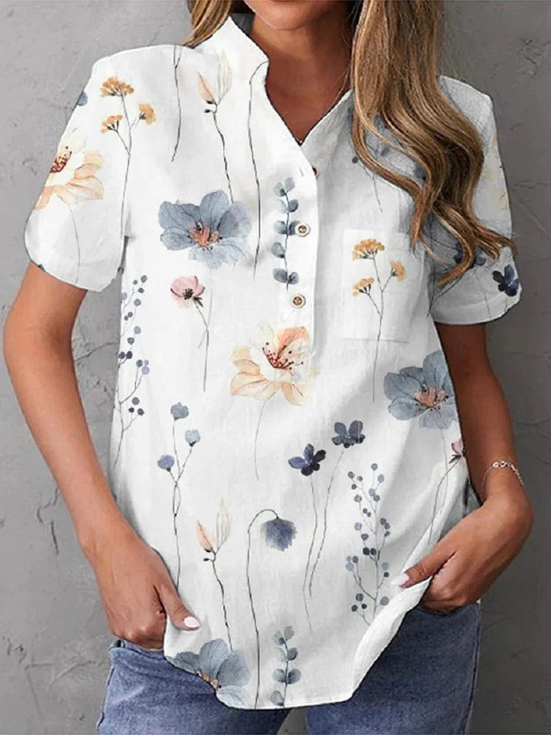 White Casual V-Neck Floral Printed Short Sleeve Blouse