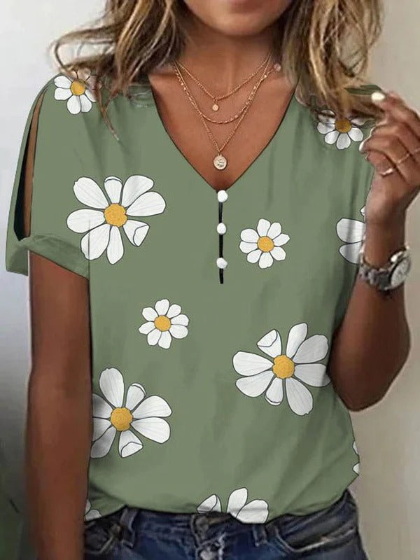 Green Casual V-Neck Floral Printed Short Sleeve Blouse